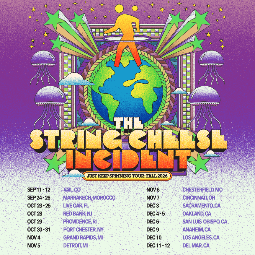 A photo of the Just Keep Spinning by String Cheese Incident Fall 2026 Tour Poster. There's a list of concert dates visible, the one in Louisville, Kentucky notable in context of this blog post